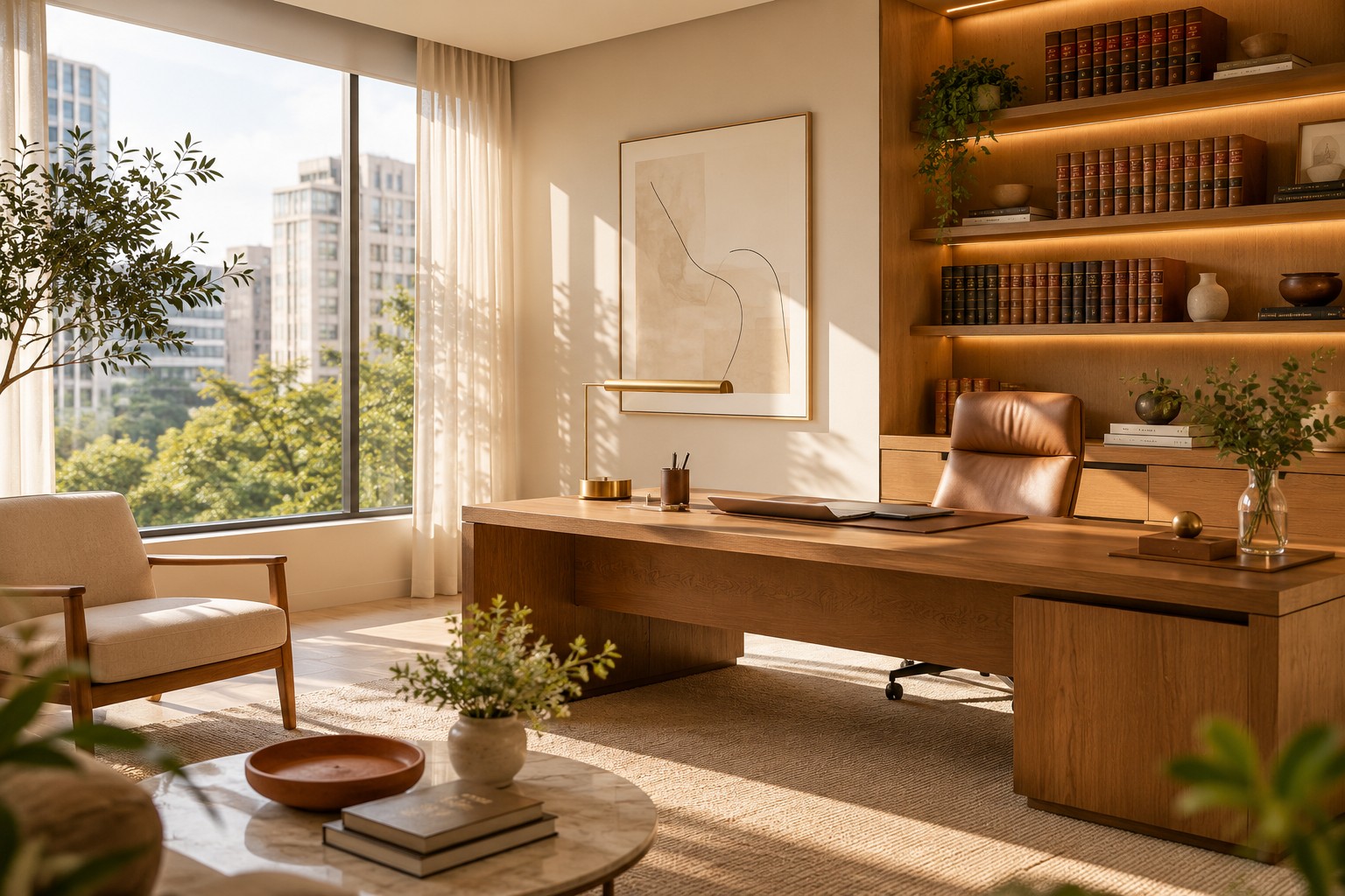 Escritório de advocacia sóbrio e profissional, com mesa de trabalho, cadeira de couro e estante de livros jurídicos