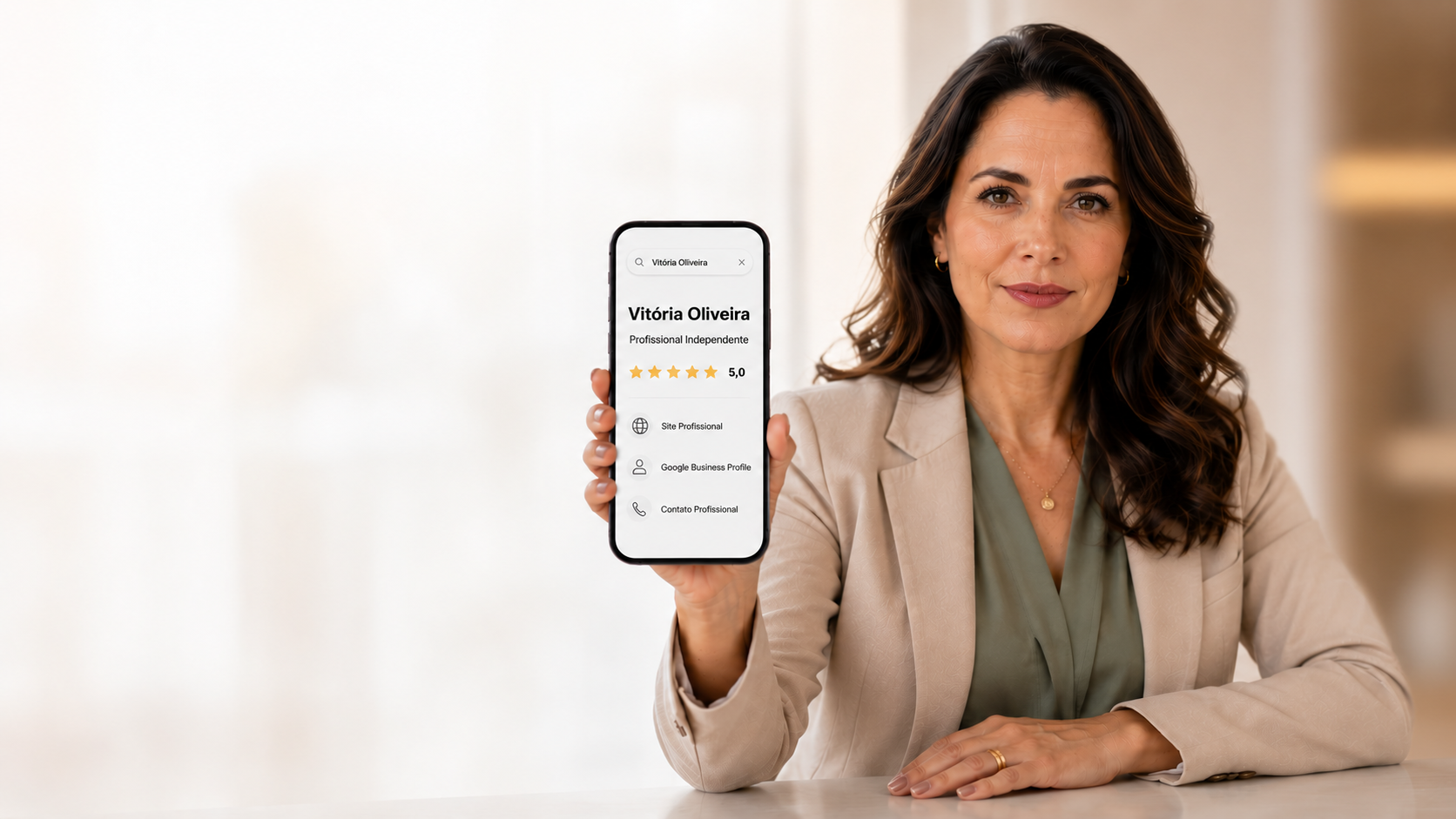 Vitória Oliveira, profissional independente, exibindo sua presença online no Google
